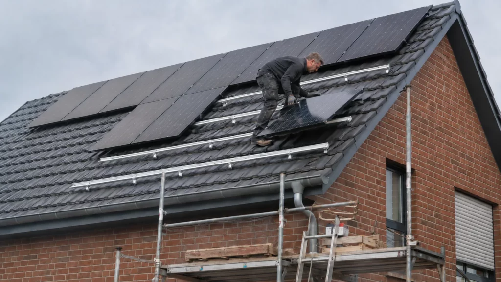 Selbstmontage einer Photovoltaik-Anlage: Modul wird auf die Montageschienen gelegt