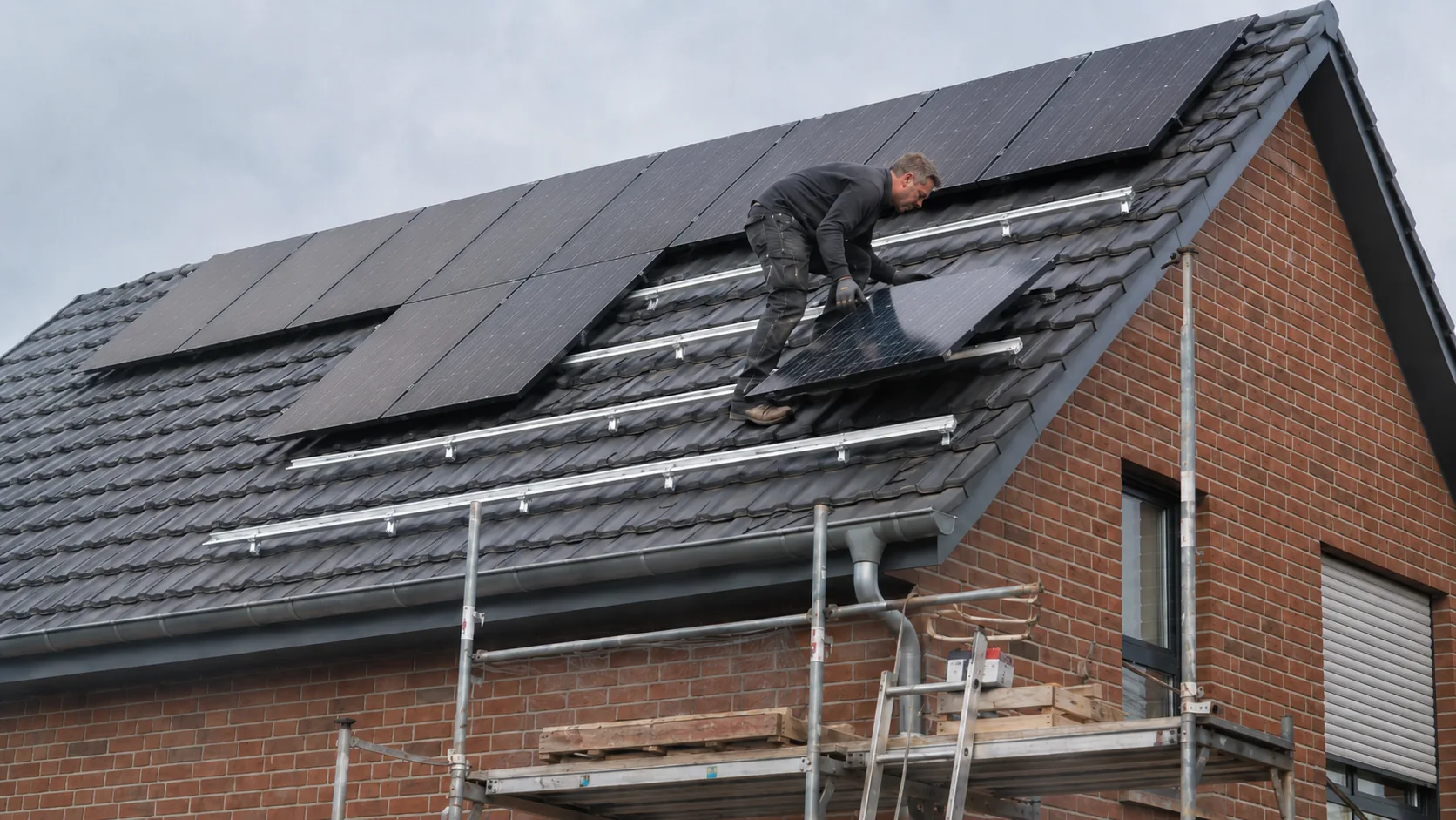 Selbstmontage einer Photovoltaik-Anlage: Modul wird auf die Montageschienen gelegt