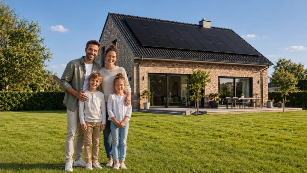 Familie vor ihrem Klinkerhaus mit Photovoltaik-Anlage auf dem Dach